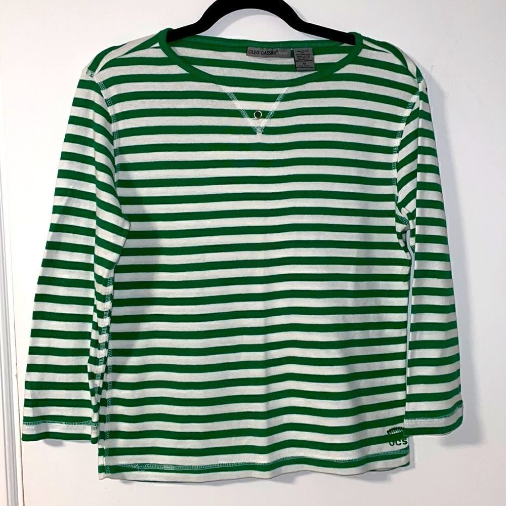 Oleg Cassini Sport green & white stripe 3/4 sleeve boat neck tee size Medium